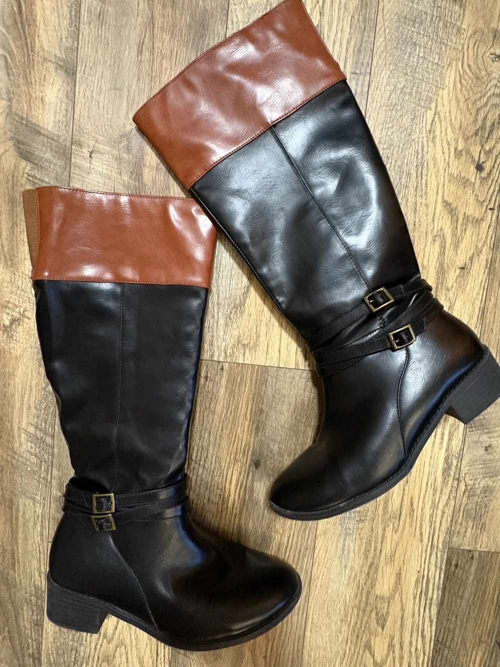 SO Two-Tone Tall Riding Boots in Black and Brown